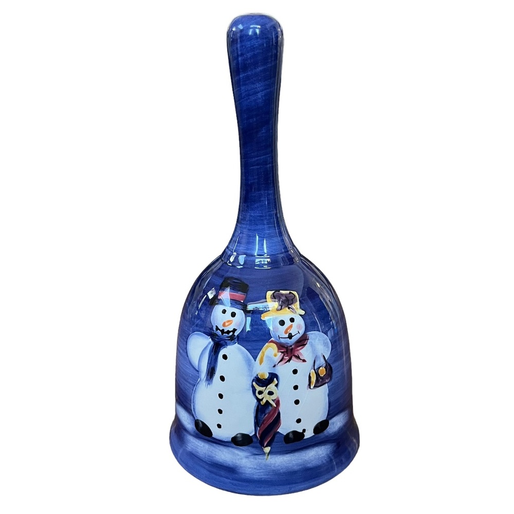 Tabletops Unlimited Cobalt Blue Winter Snowman Couple Hand Painted Bell 2002 EUC